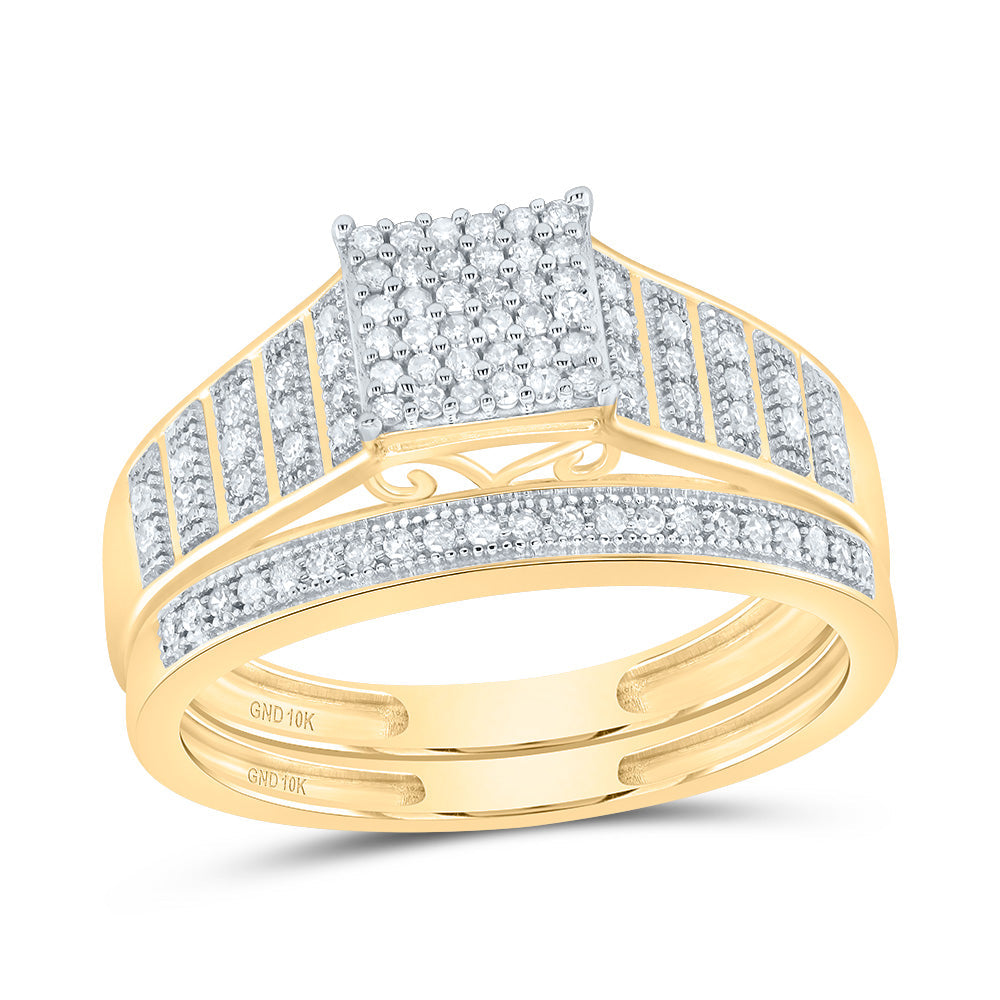 10kt Yellow Gold Round Diamond Square Bridal Wedding Ring Band Set 1/4 Cttw