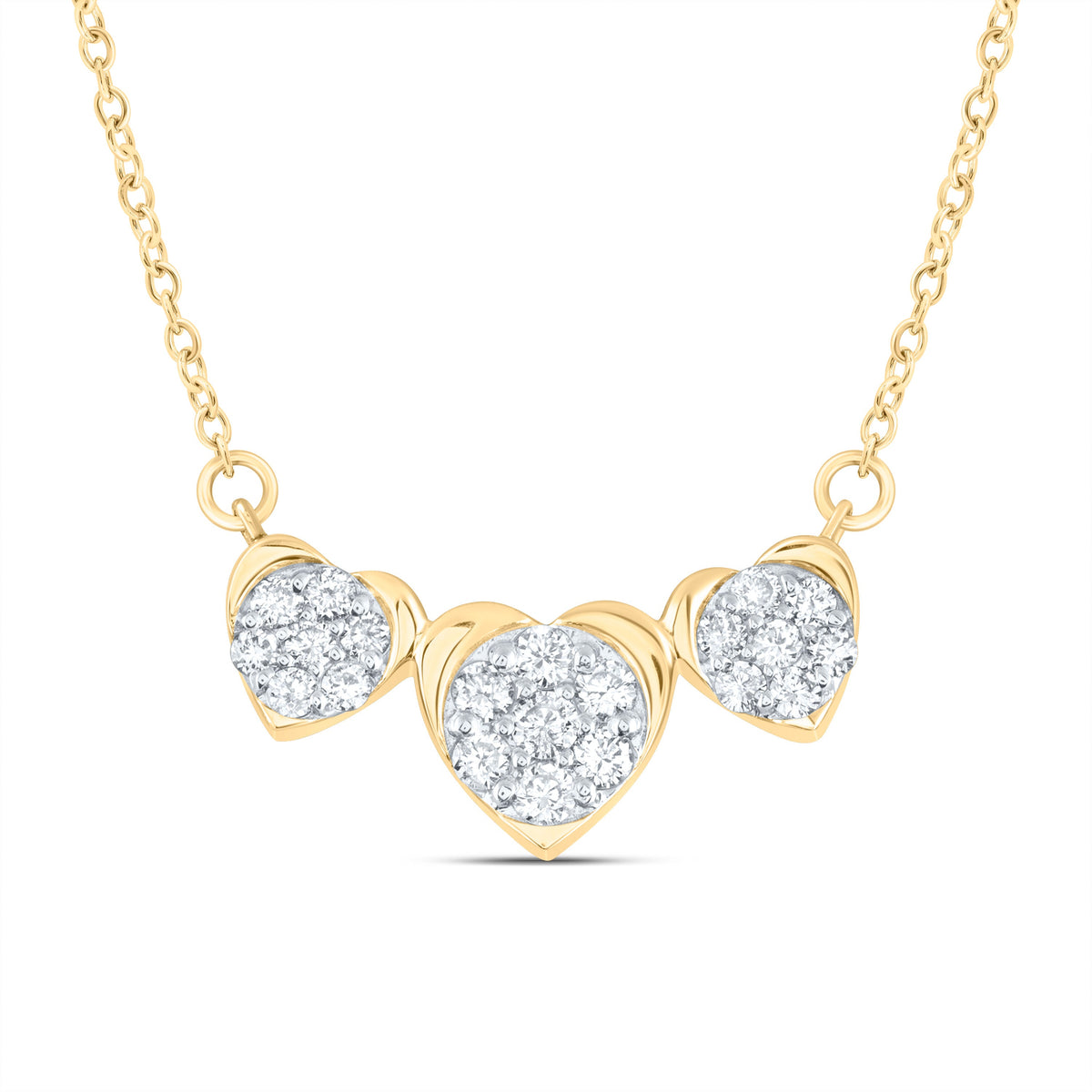 10kt Yellow Gold Womens Round Diamond Triple Heart Necklace 1/4 Cttw
