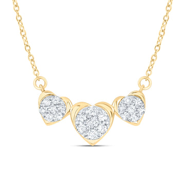 10kt Yellow Gold Womens Round Diamond Triple Heart Necklace 1/4 Cttw