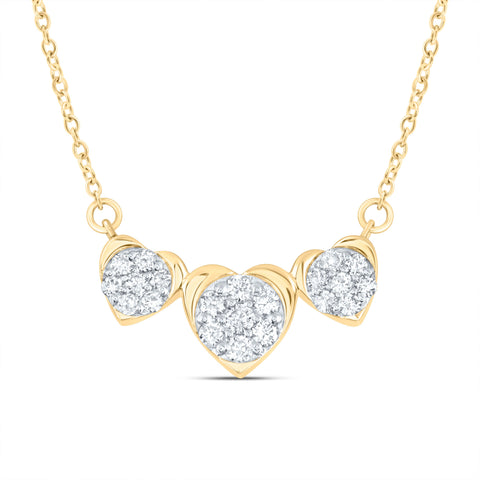 10kt Yellow Gold Womens Round Diamond Triple Heart Necklace 1/4 Cttw