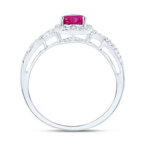 10kt White Gold Womens Heart Ruby Diamond Halo Ring 1 Cttw