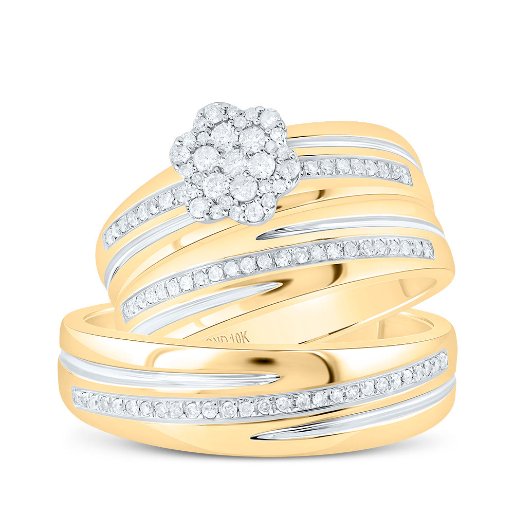 10kt Yellow Gold His Hers Round Diamond Cluster Matching Wedding Set 3/8 Cttw