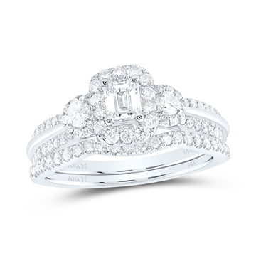 14kt White Gold Emerald Diamond Bridal Wedding Ring Band Set 1 Cttw
