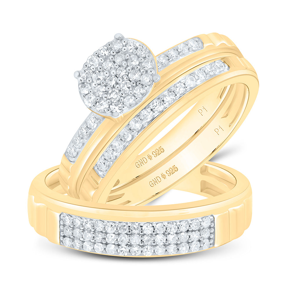 Yellow-tone Sterling Silver His Hers Round Diamond Oval Matching Wedding Set 1/2 Cttw