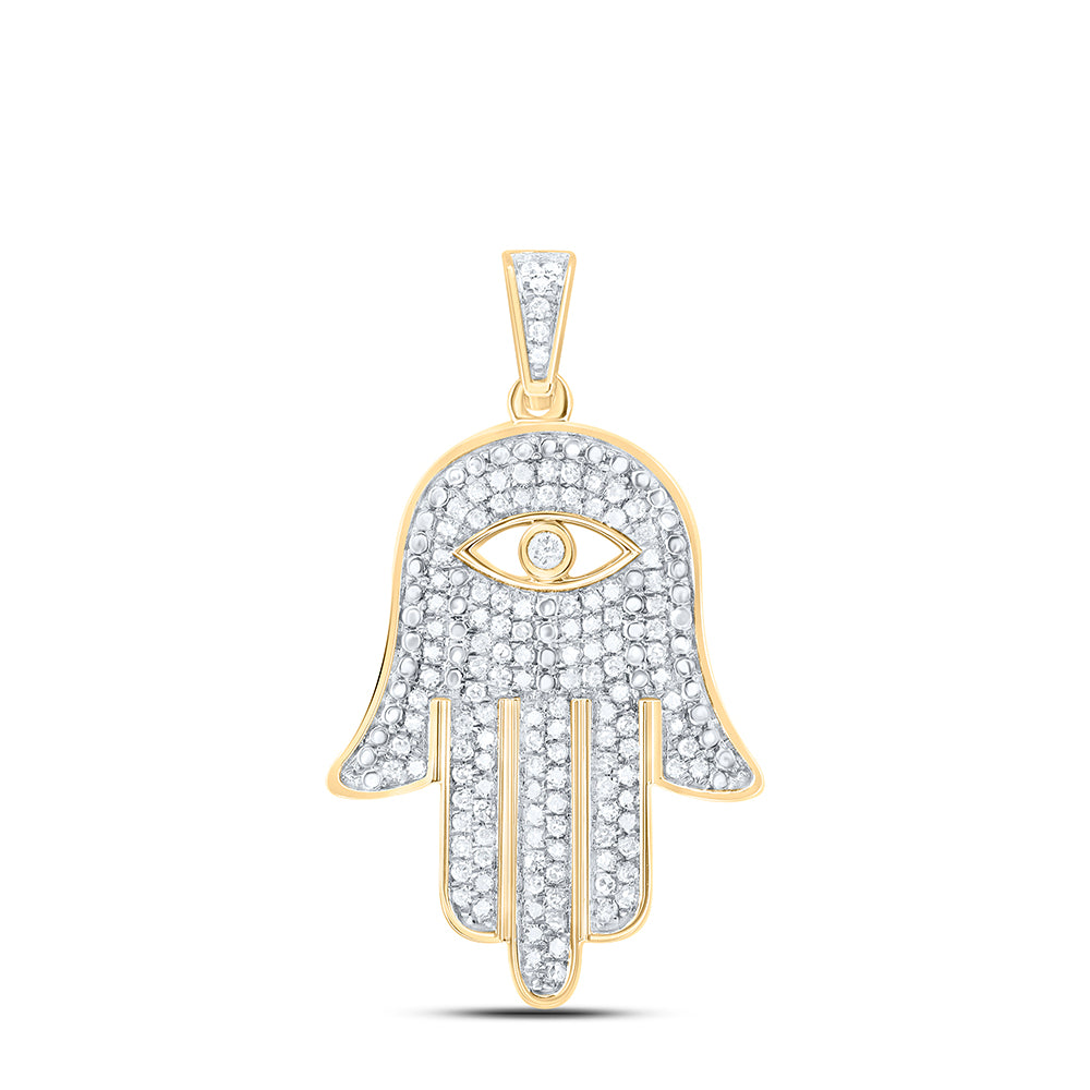 10kt Yellow Gold Mens Round Diamond Eye of Fatima Hamsa Hand Charm Pendant 1/2 Cttw