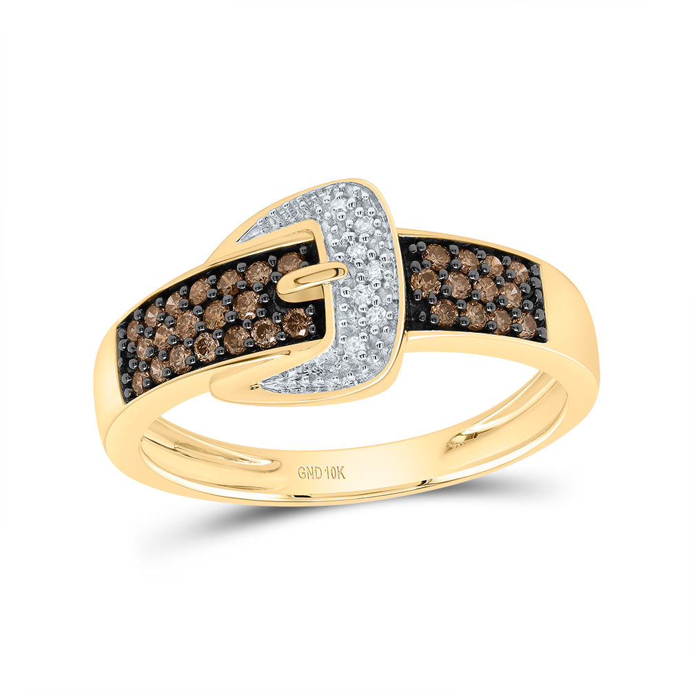10kt Yellow Gold Womens Round Brown Diamond Belt Buckle Band Ring 1/4 Cttw