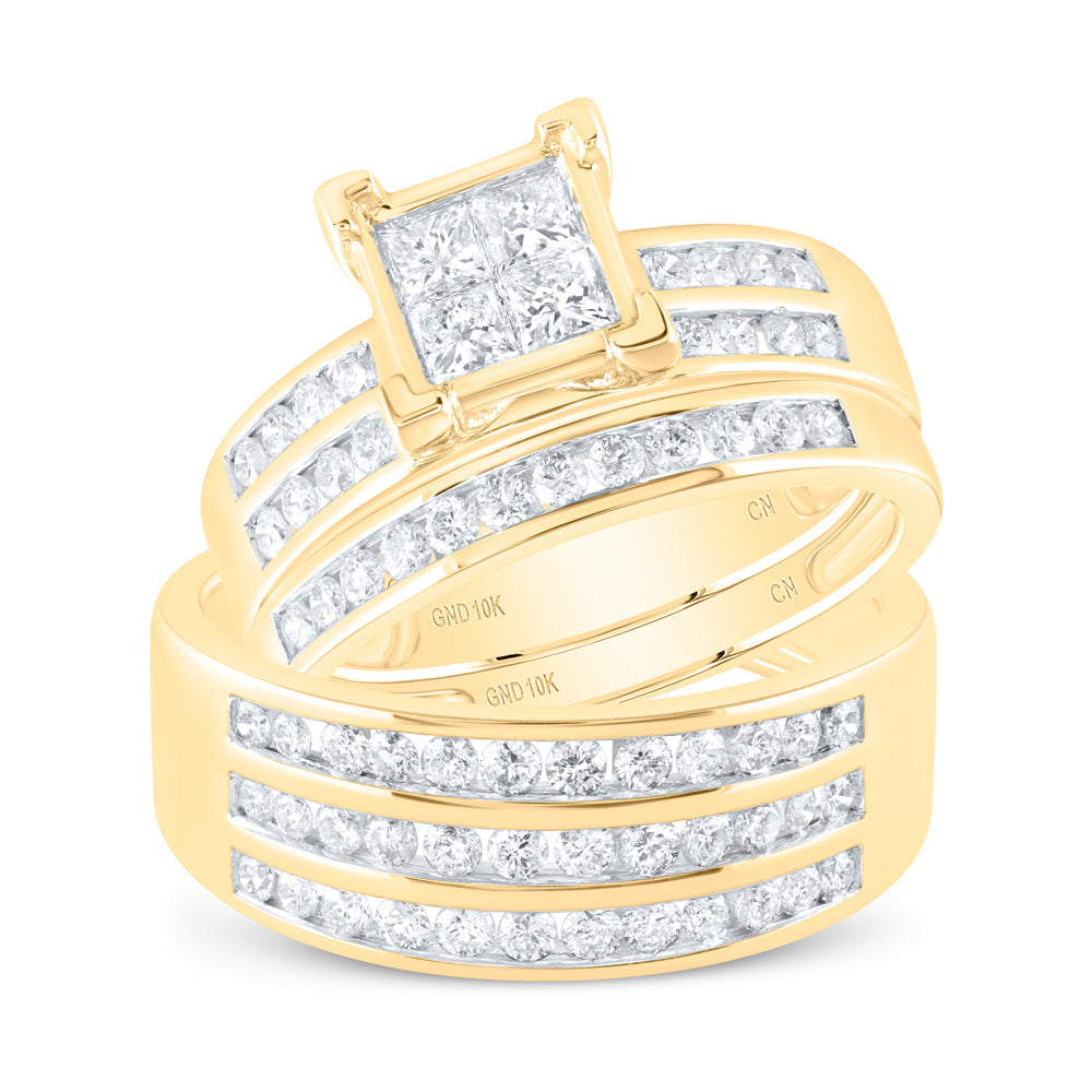 10kt Yellow Gold His Hers Princess Diamond Cluster Matching Wedding Set 1-5/8 Cttw