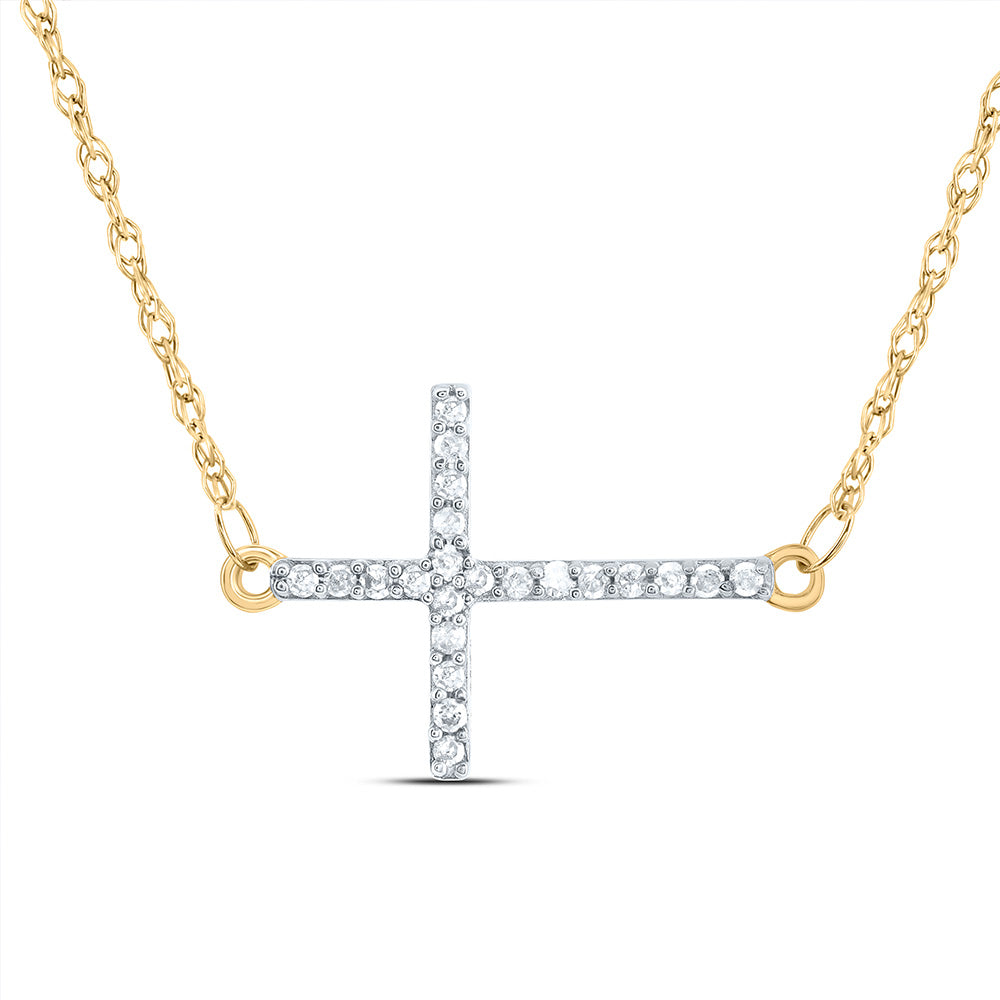 10kt Yellow Gold Womens Round Diamond Horizontal Cross Necklace 1/20 Cttw