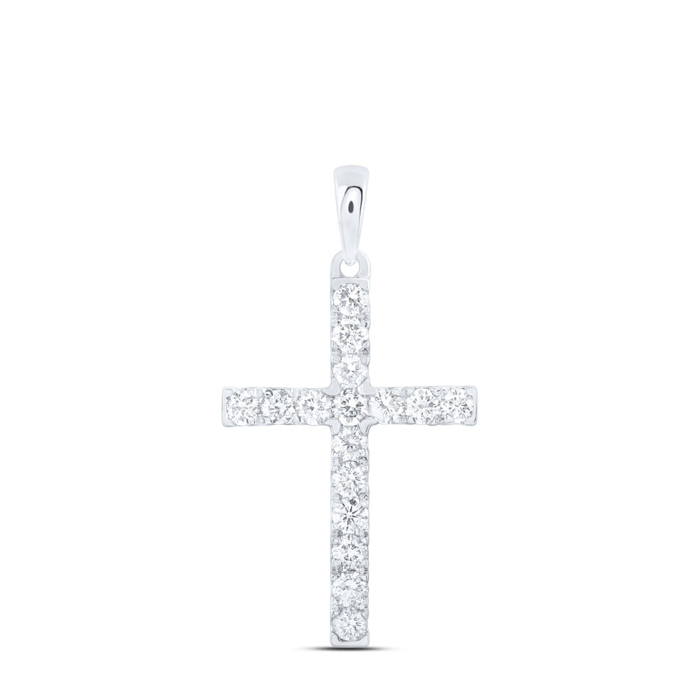 10kt White Gold Womens Round Diamond Cross Pendant 1/2 Cttw
