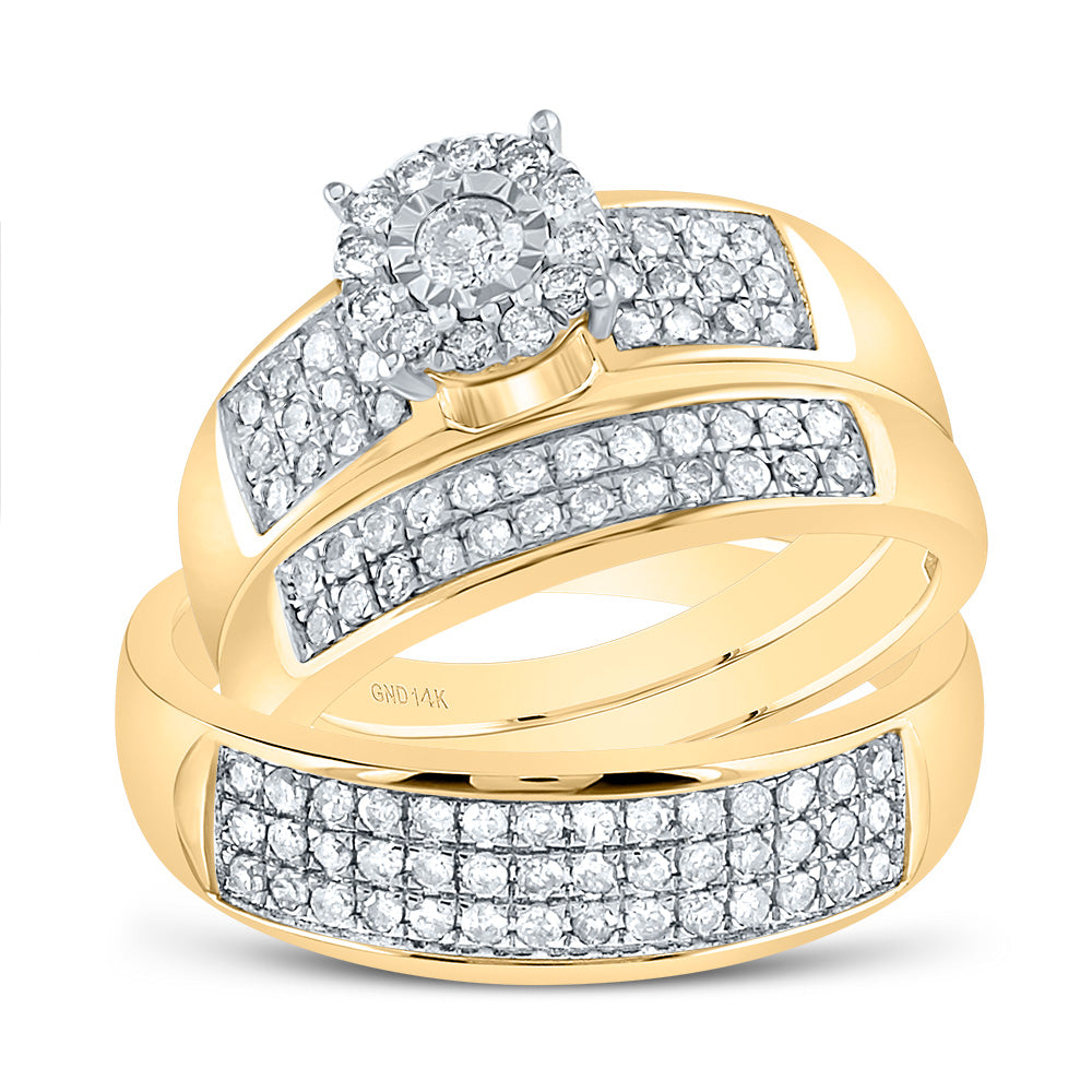 14kt Yellow Gold His Hers Round Diamond Halo Matching Wedding Set 7/8 Cttw