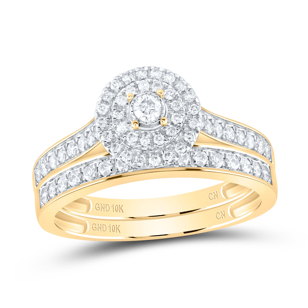 10kt Yellow Gold Round Diamond Halo Bridal Wedding Ring Band Set 1/2 Cttw