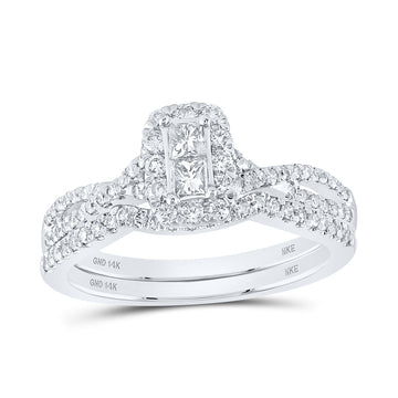 14kt White Gold Princess Diamond 2-Stone Bridal Wedding Ring Band Set 3/4 Cttw