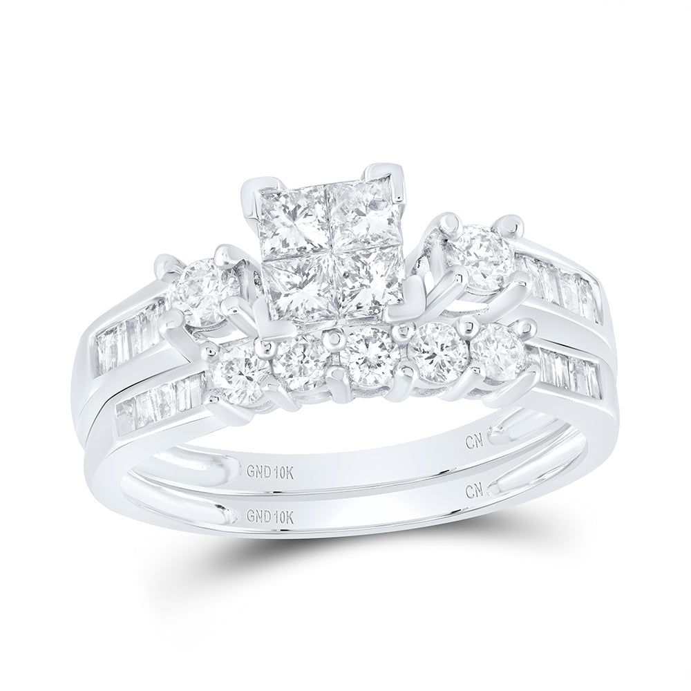 10kt White Gold Princess Diamond Bridal Wedding Ring Band Set 7/8 Cttw