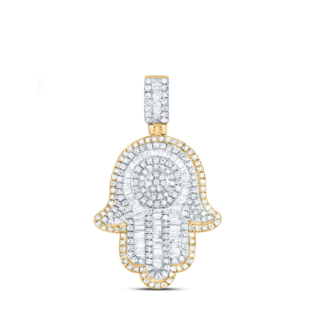 10kt Yellow Gold Mens Baguette Diamond Hamsa Charm Pendant 1 Cttw