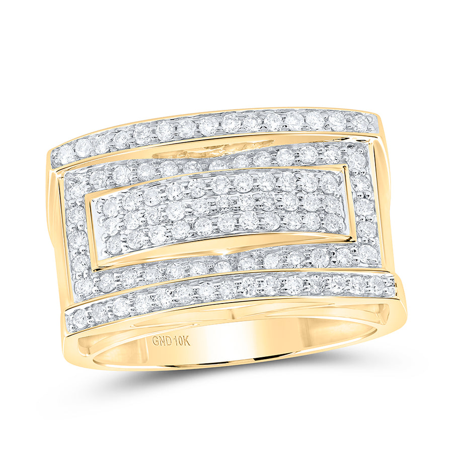 10kt Yellow Gold Mens Round Pave-set Diamond Rectangle Cluster Ring 1 Cttw