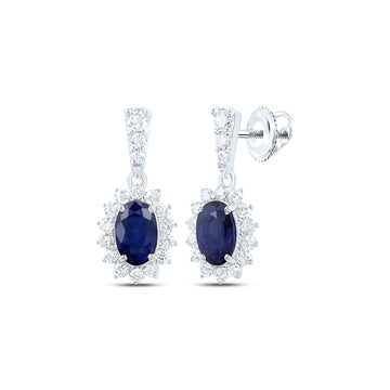 10kt White Gold Womens Oval Blue Sapphire Diamond Dangle Earrings 1-5/8 Cttw