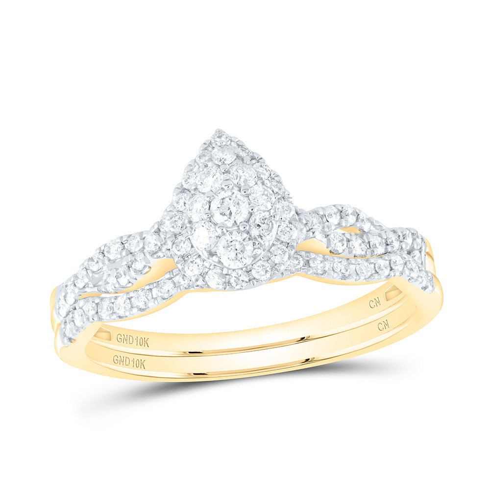 10kt Yellow Gold Round Diamond Teardrop Bridal Wedding Ring Band Set 1/2 Cttw