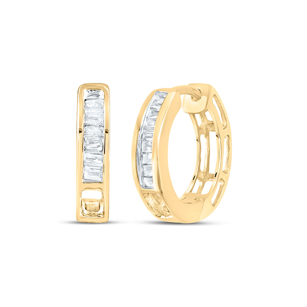 14kt Yellow Gold Womens Baguette Diamond Huggie Hoop Earrings 1/6 Cttw