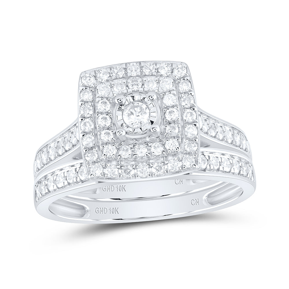 10kt White Gold Round Diamond Halo Bridal Wedding Ring Band Set 1/2 Cttw