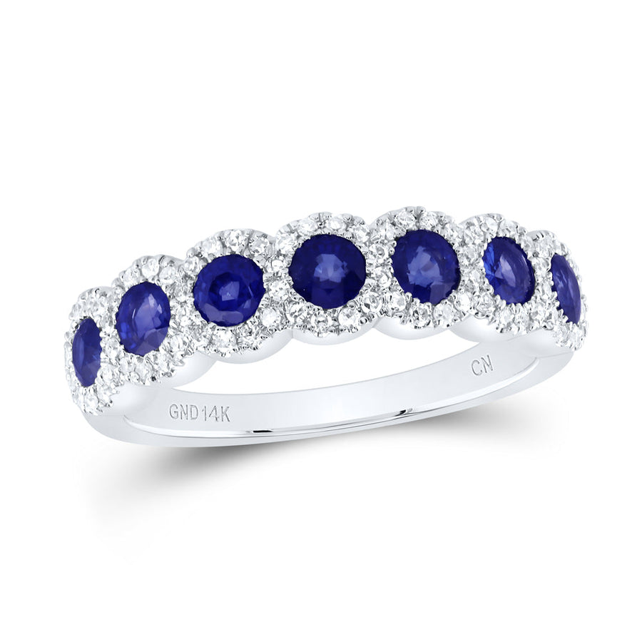 14kt White Gold Womens Round Blue Sapphire Diamond Band Ring 1-1/4 Cttw