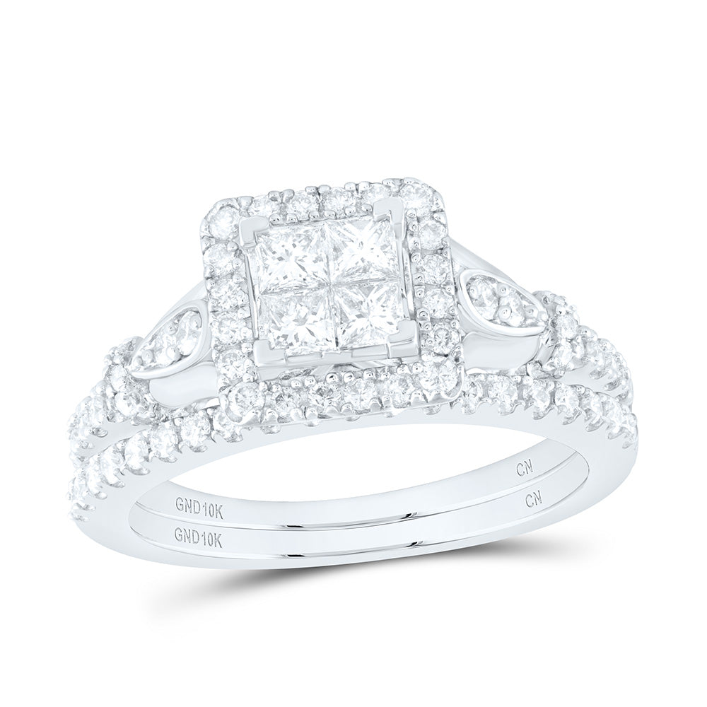 10kt White Gold Princess Diamond Square Bridal Wedding Ring Band Set 7/8 Cttw