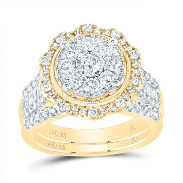 10kt Yellow Gold Round Diamond Cluster Bridal Wedding Ring Band Set 1-1/2 Cttw