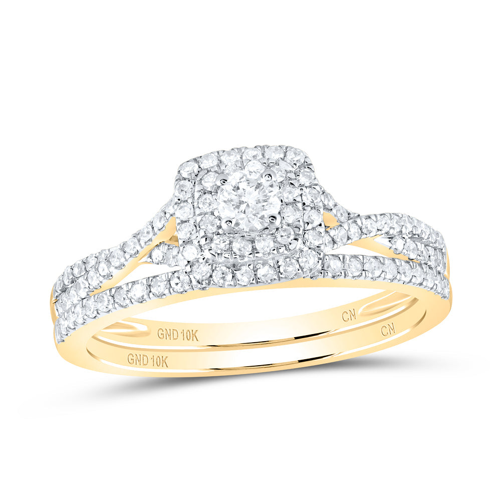 10kt Yellow Gold Round Diamond Halo Bridal Wedding Ring Band Set 1/2 Cttw