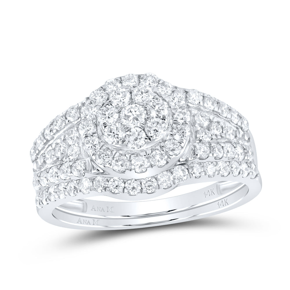 14kt White Gold Round Diamond Cluster Bridal Wedding Ring Band Set 1 Cttw