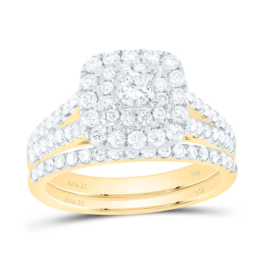 14kt Yellow Gold Princess Diamond Halo Bridal Wedding Ring Band Set 1-1/2 Cttw