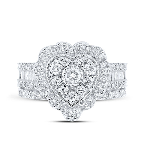 10kt White Gold Round Diamond Heart Bridal Wedding Ring Band Set 1-1/2 Cttw