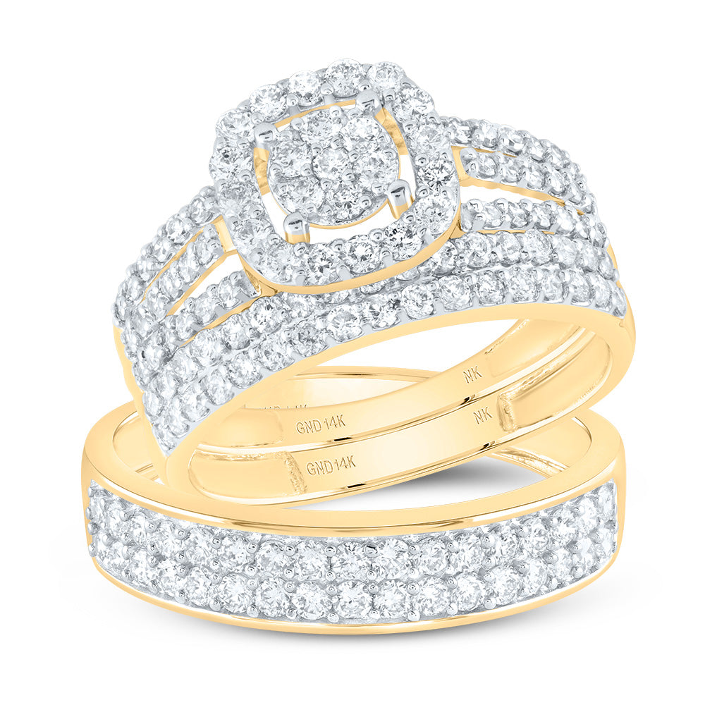 14kt Yellow Gold His Hers Round Diamond Cluster Matching Wedding Set 1-3/4 Cttw