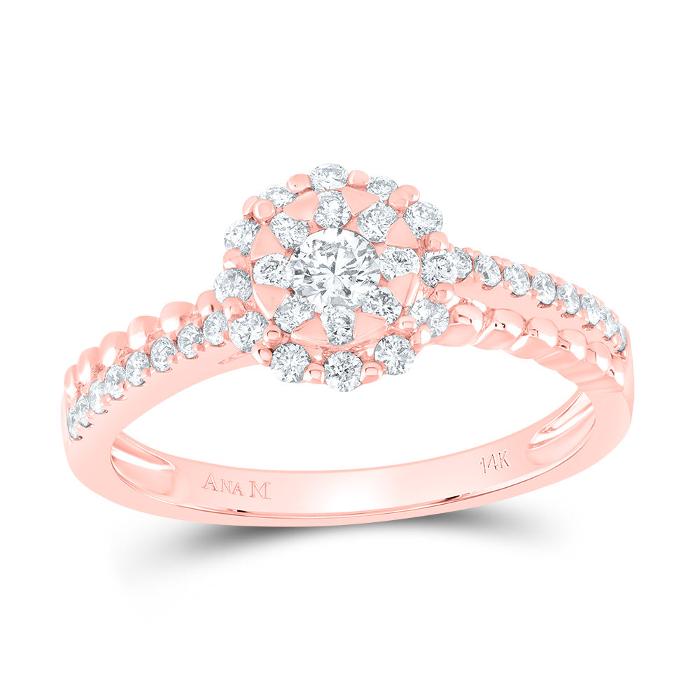 14kt Rose Gold Round Diamond Solitaire Beaded ridal Wedding Engagement Ring 1/2 Cttw