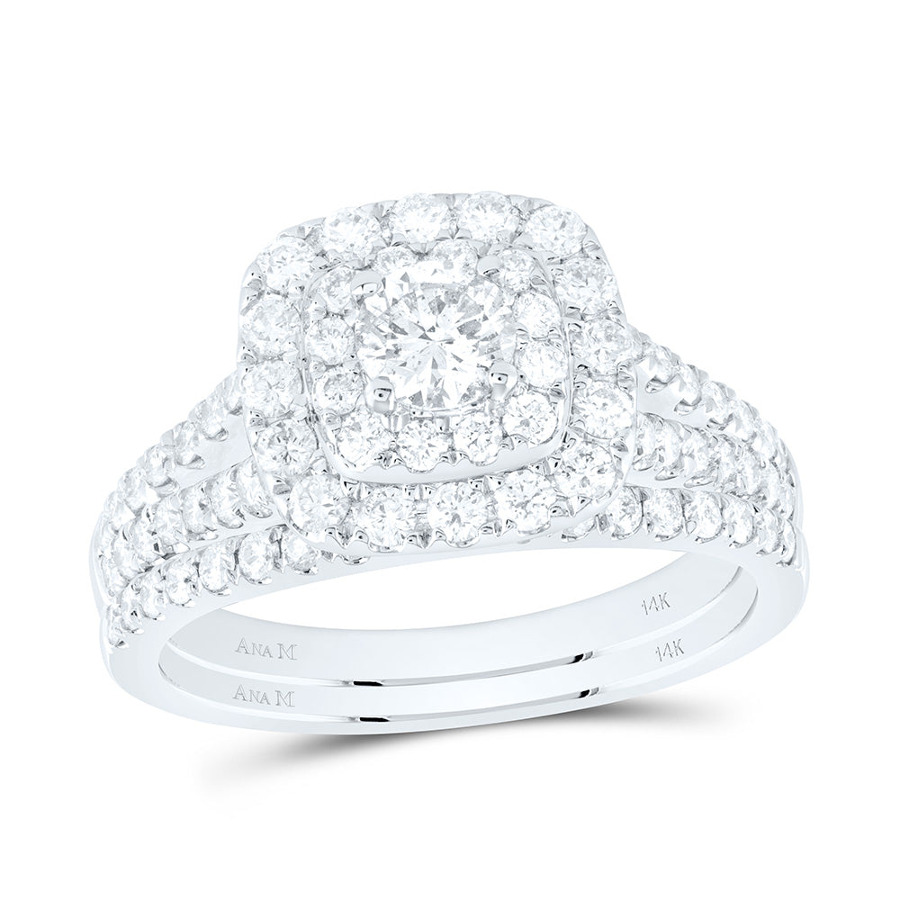 14kt White Gold Round Diamond Halo Bridal Wedding Ring Band Set 1-1/2 Cttw