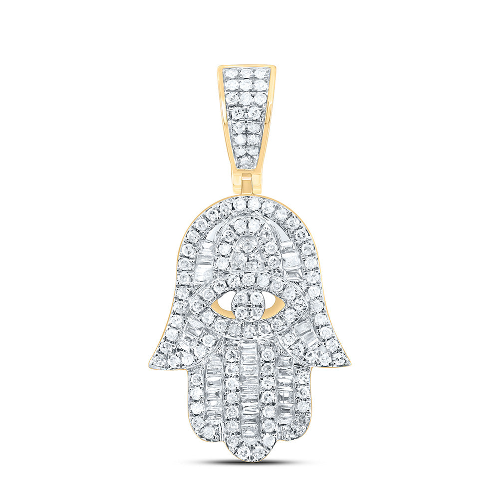14kt Yellow Gold Mens Baguette Diamond Hamsa Hand Charm Pendant 1/2 Cttw