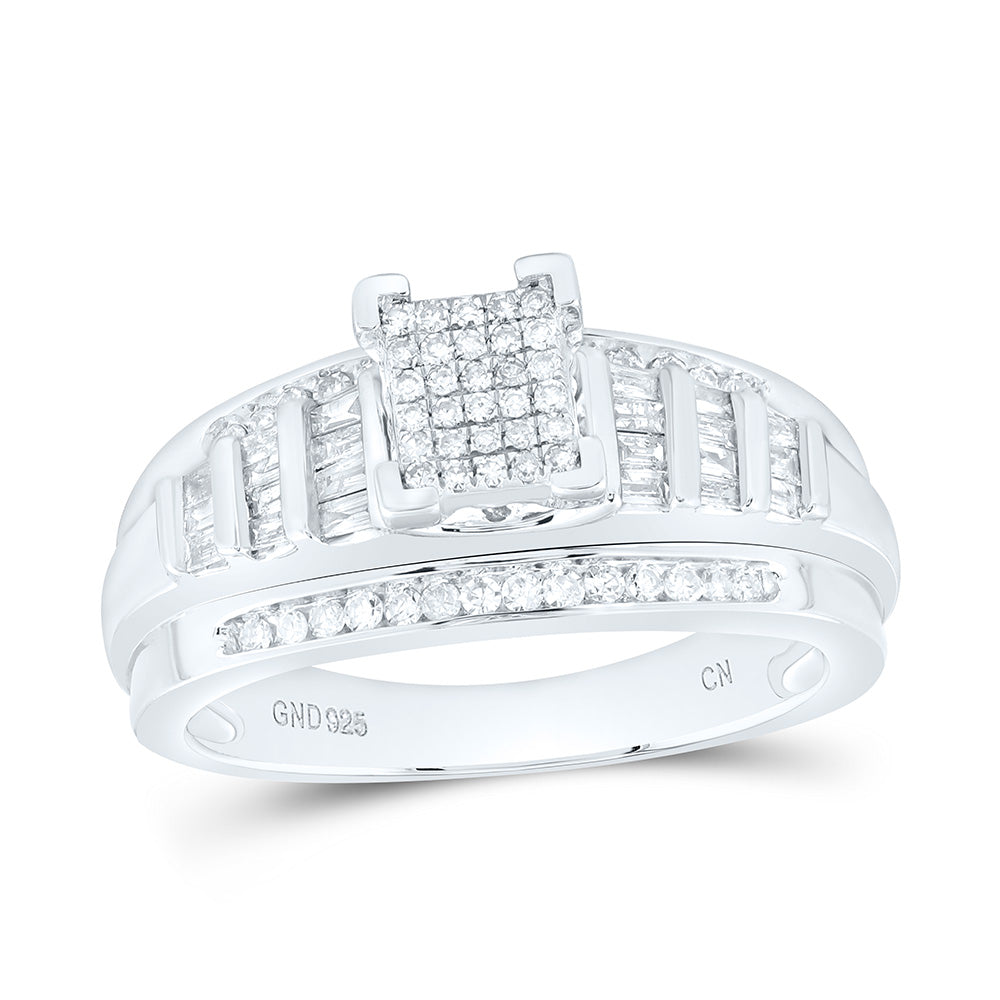 Sterling Silver Round Diamond Cluster Bridal Wedding Engagement Ring 3/8 Cttw