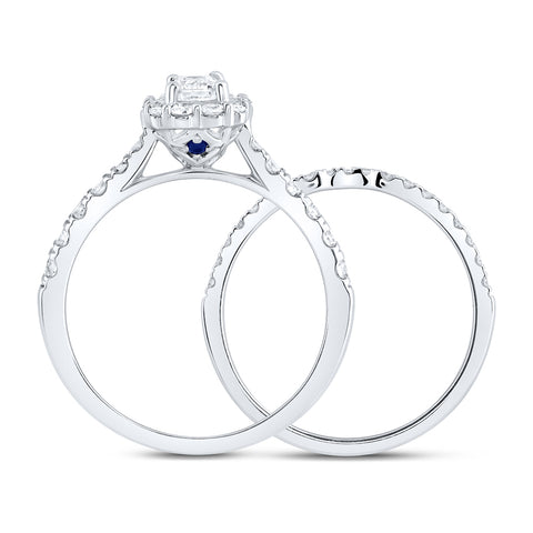 14kt White Gold Emerald Diamond Halo Bridal Wedding Ring Band Set 1 Cttw