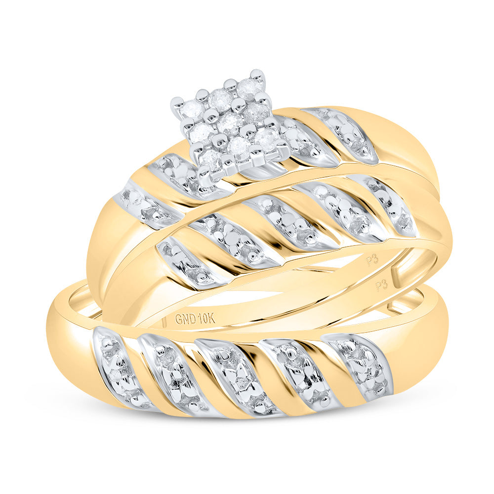 10kt Yellow Gold His Hers Round Diamond Cluster Matching Wedding Set 1/10 Cttw