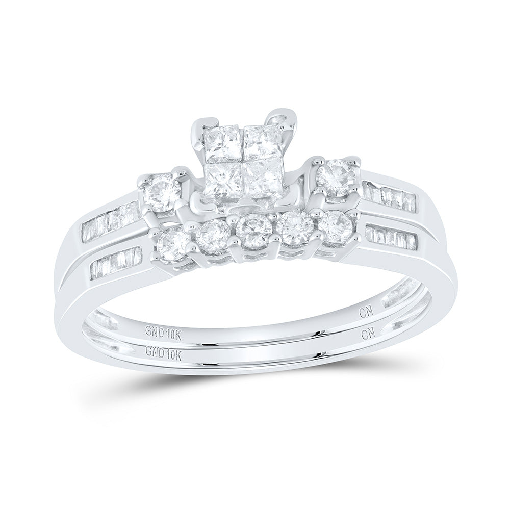 10kt White Gold Princess Diamond Bridal Wedding Ring Band Set 3/8 Cttw