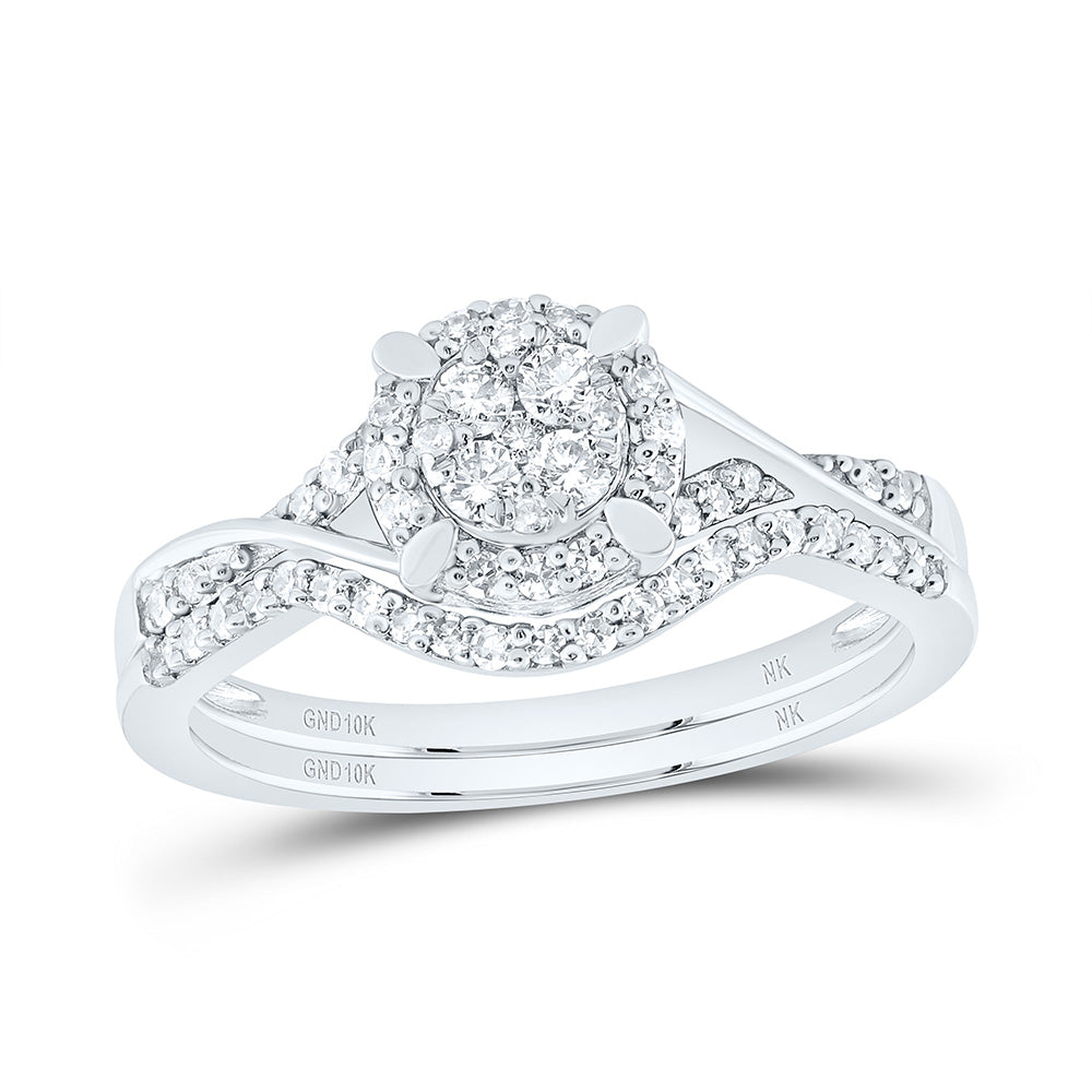 10kt White Gold Round Diamond Cluster Bridal Wedding Ring Band Set 3/8 Cttw