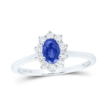 10kt White Gold Womens Oval Blue Sapphire Diamond Halo Ring 7/8 Cttw