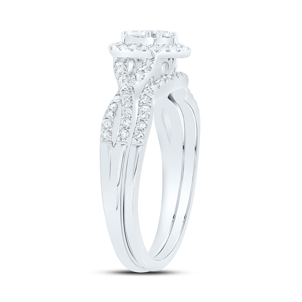 10kt White Gold Round Diamond Heart Bridal Wedding Ring Band Set 5/8 Cttw