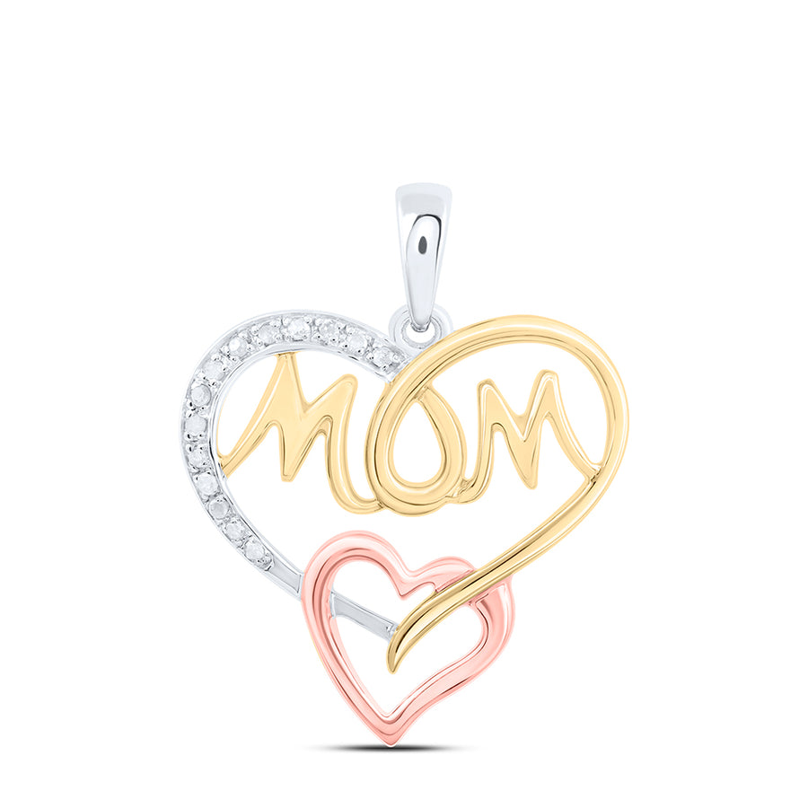 Tri-Tone Sterling Silver Womens Round Diamond Mom Heart Pendant 1/20 Cttw