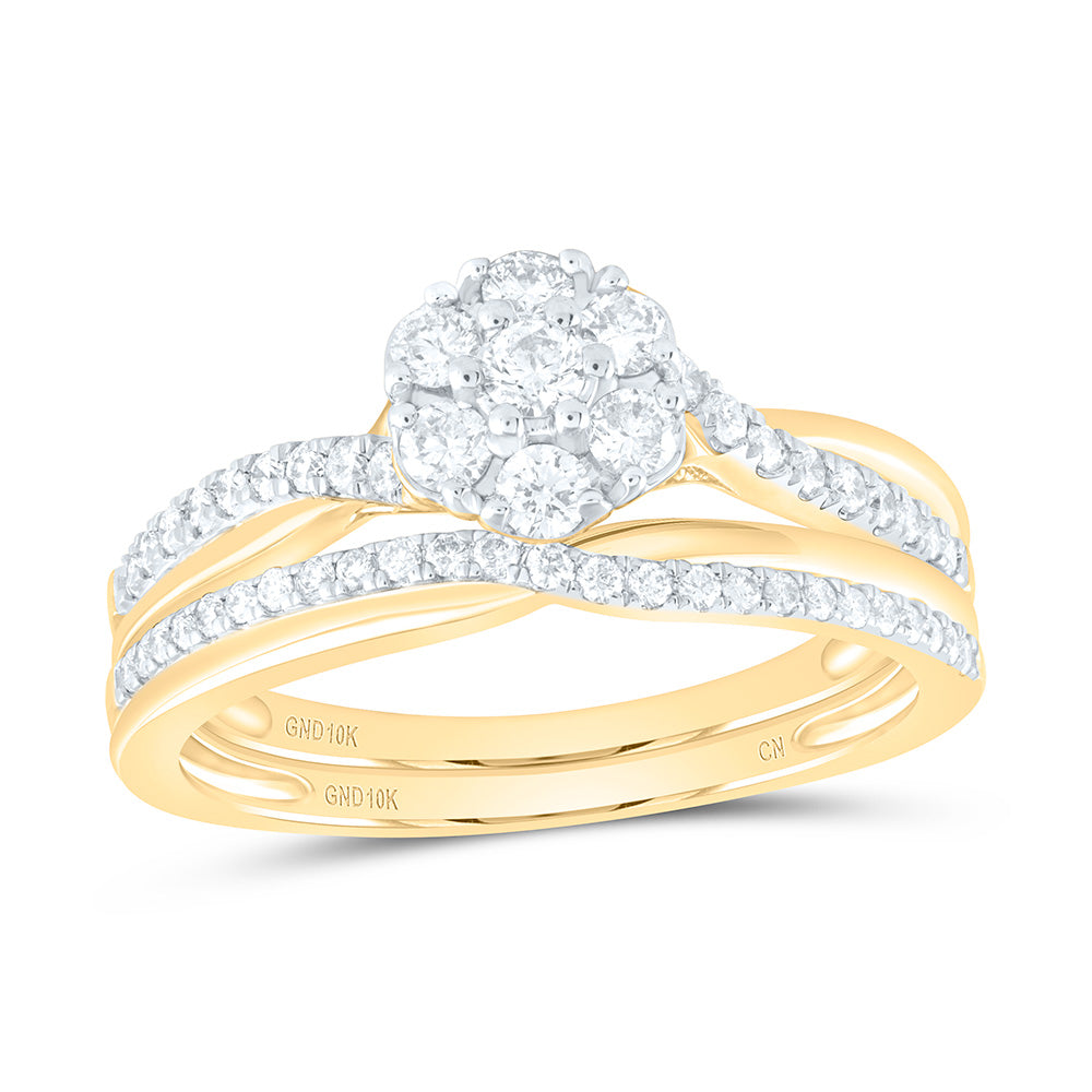10kt Yellow Gold Round Diamond Cluster Bridal Wedding Ring Band Set 1/2 Cttw