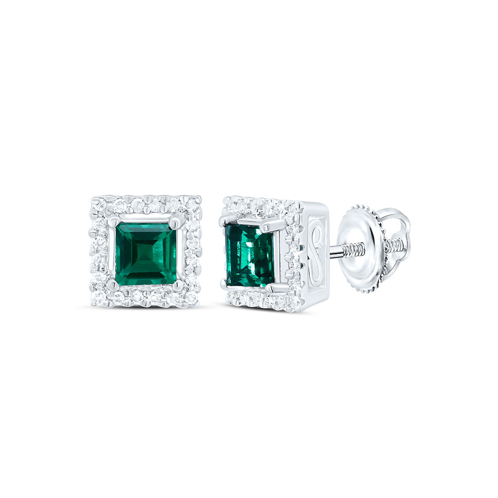 10kt White Gold Womens Princess Synthetic Emerald Stud Earrings 1/8 Cttw
