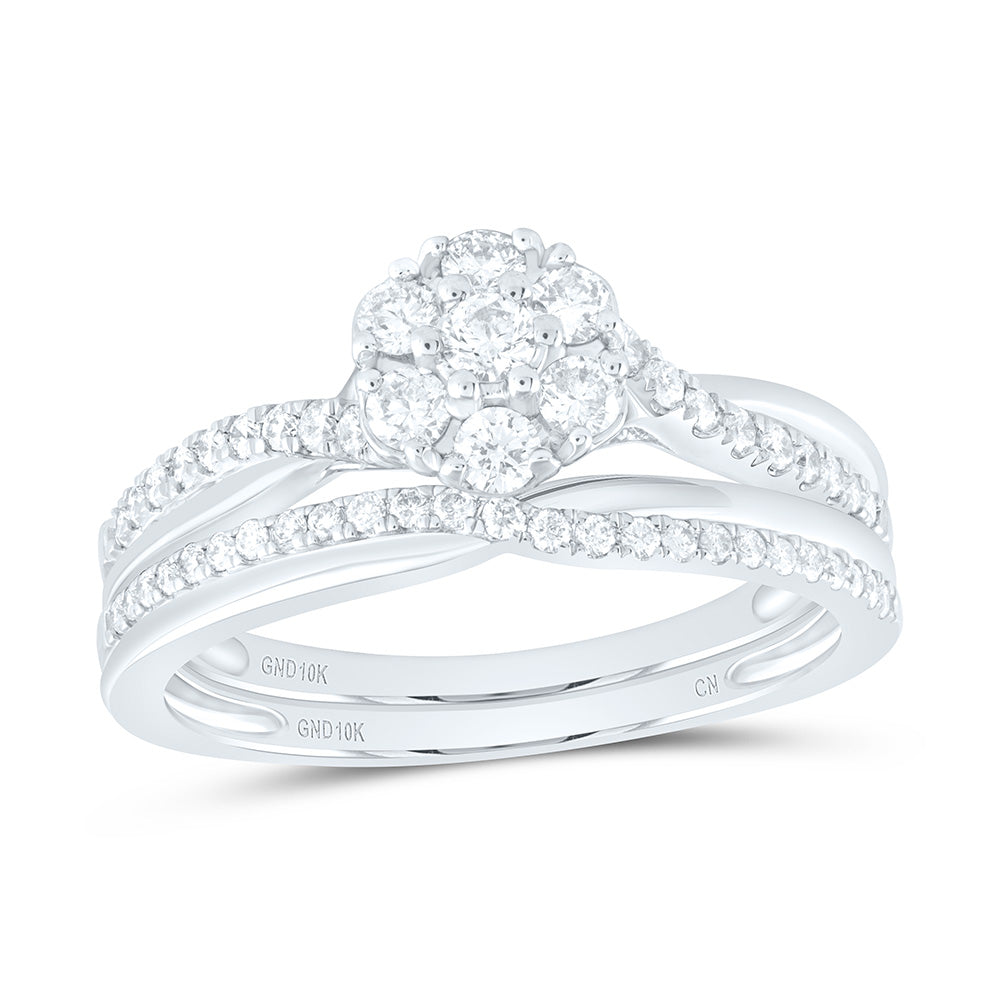 10kt White Gold Round Diamond Cluster Bridal Wedding Ring Band Set 1/2 Cttw