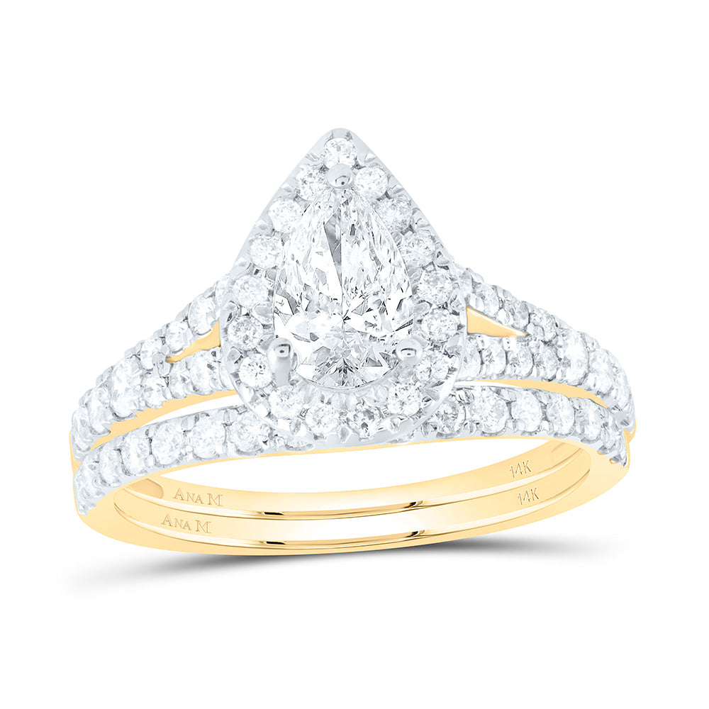 14kt Yellow Gold Pear Diamond Halo Bridal Wedding Ring Band Set 1-1/2 Cttw