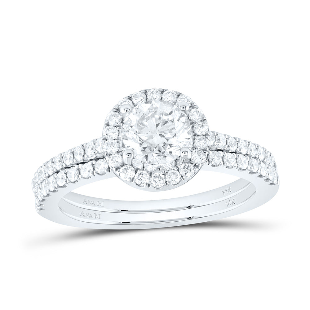 14kt White Gold Round Diamond Halo Bridal Wedding Ring Band Set 1-1/2 Cttw