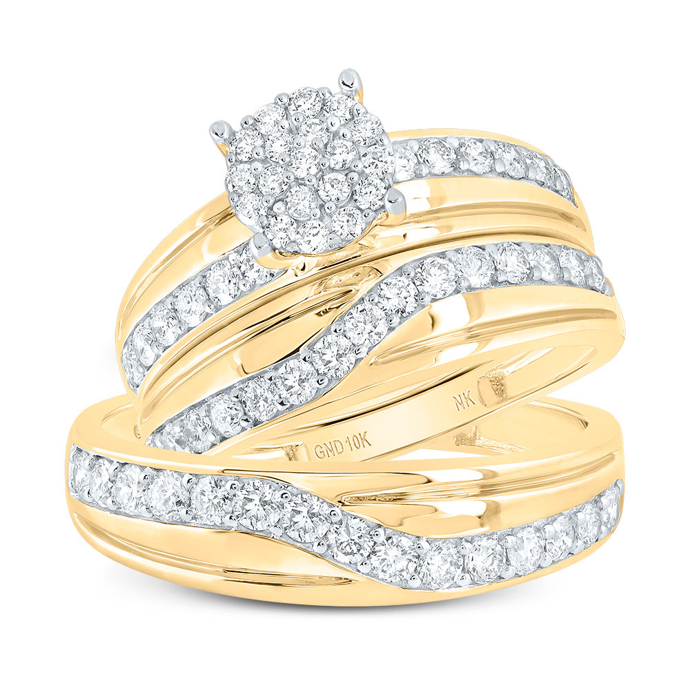 10kt Yellow Gold His Hers Round Diamond Cluster Matching Wedding Set 1-1/4 Cttw