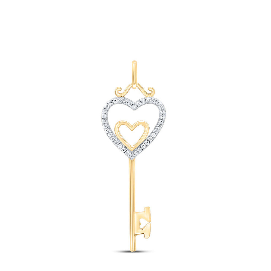 10kt Yellow Gold Womens Round Diamond Heart Key Pendant 1/10 Cttw