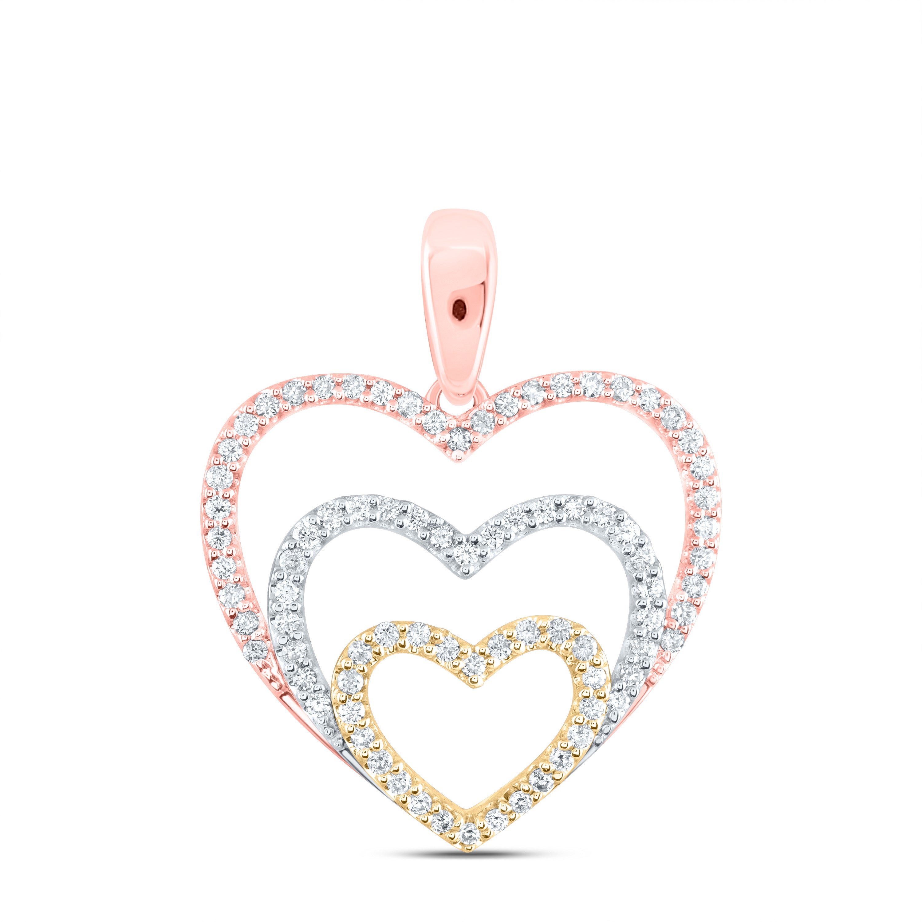 10kt Tri-Tone Gold Womens Round Diamond Triple Nested Heart Pendant 1/3 Cttw